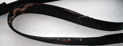 BioThane Super Belt Hall of Shame Chinese Leather Dress Belt 3 Super Belt Hall of Shame Chinese Leather Junk Belt After One Year of Use the Leather Belt is Torn Up compared to a Flawless BioThane Super Belt